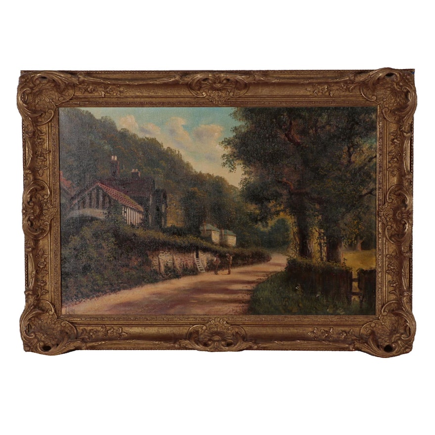 J. Lewis Oil Painting of Rural Street Scene