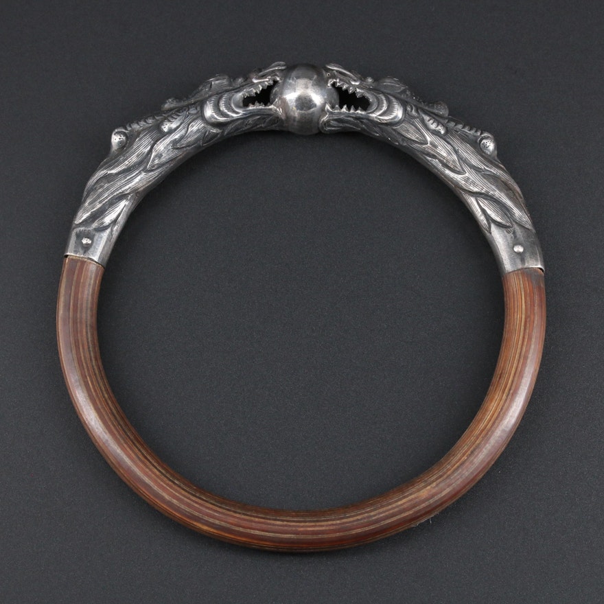 Antique Chinese Sterling Silver Bamboo Dragon Bangle Bracelet
