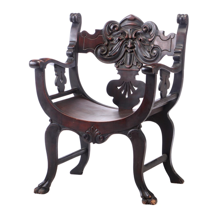 Renaissance Revival Mahogany-Veneered and Stained Curule Armchair
