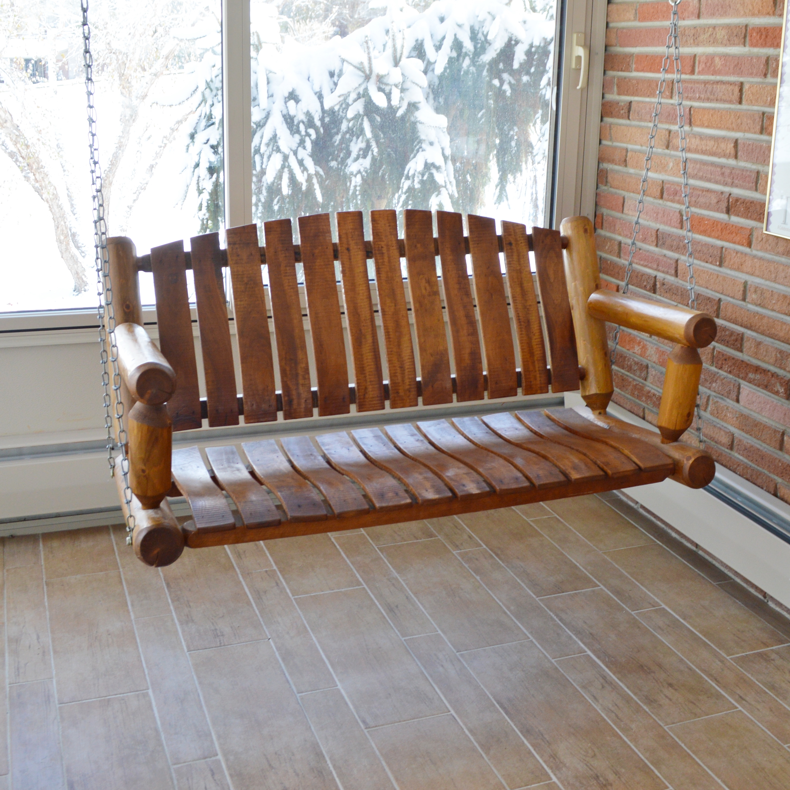 Rustic Pine Slat and Log Porch Swing, Contemporary