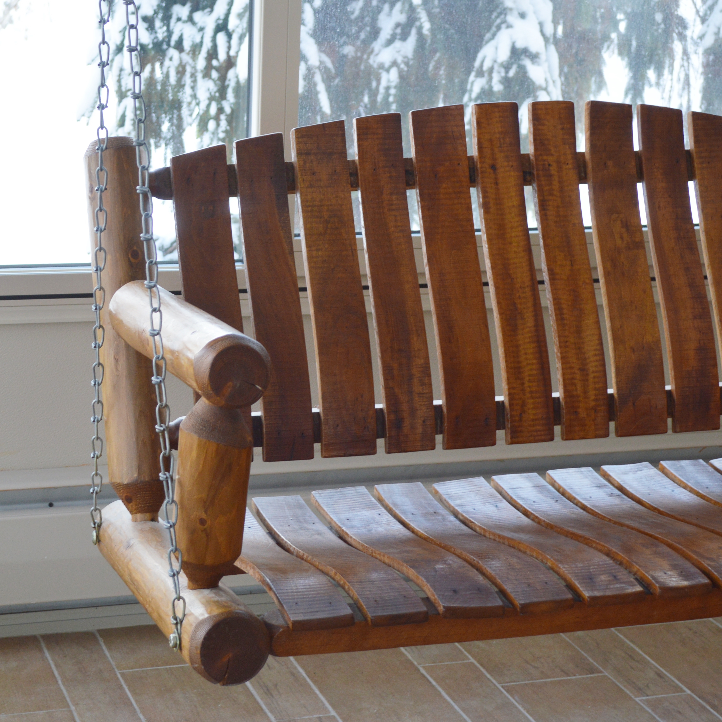 Rustic Pine Slat and Log Porch Swing, Contemporary