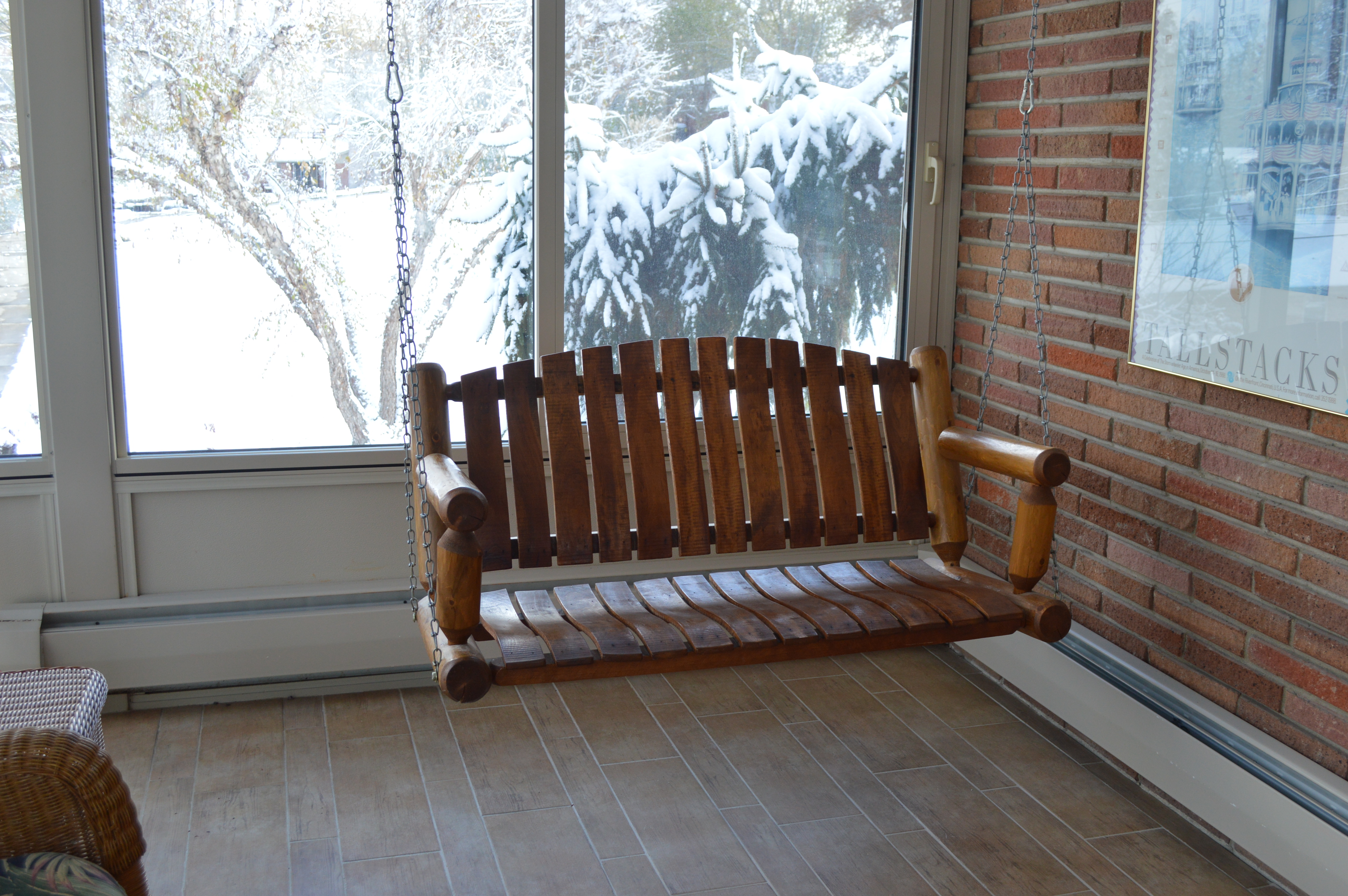Rustic Pine Slat and Log Porch Swing, Contemporary