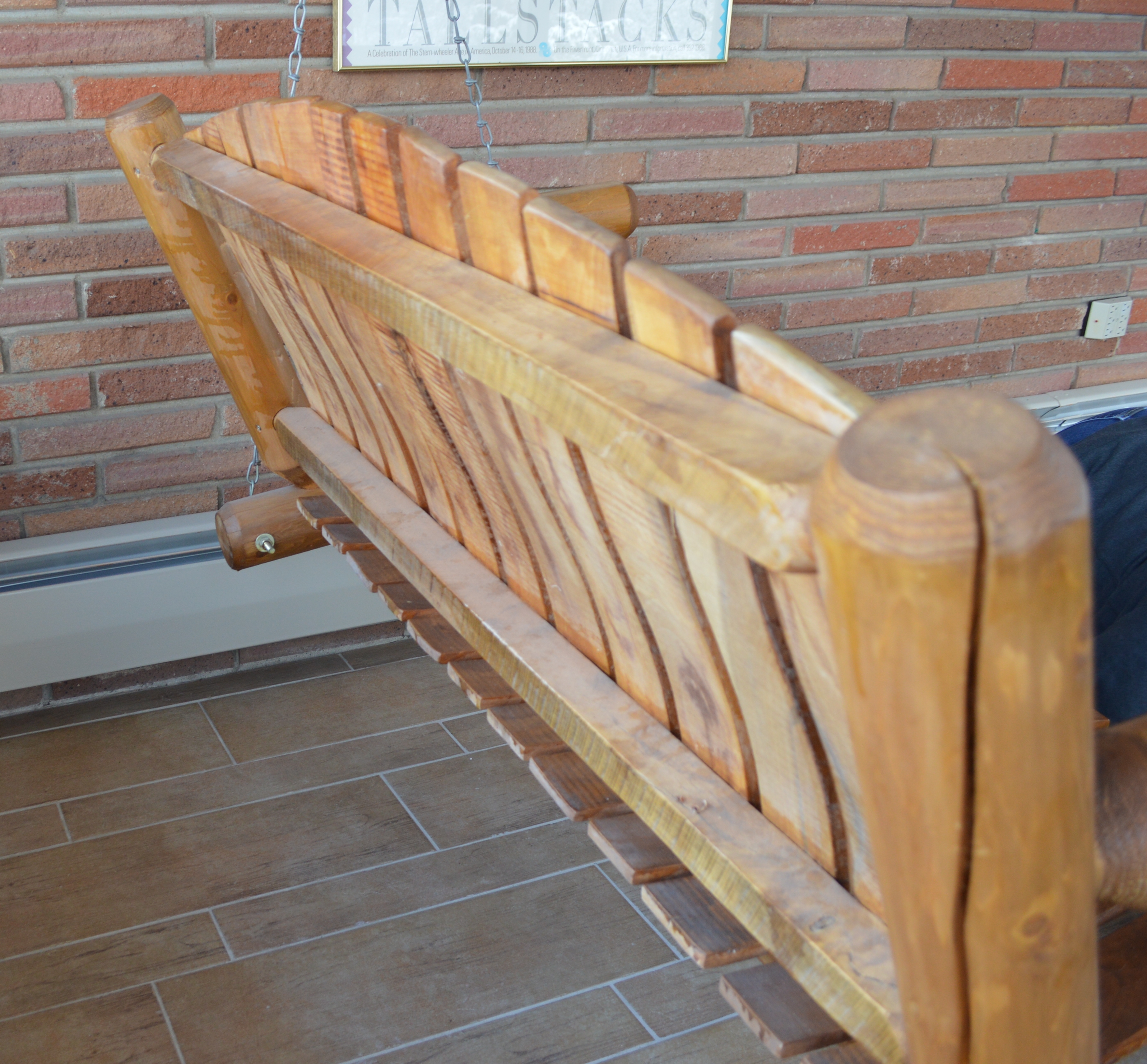 Rustic Pine Slat and Log Porch Swing, Contemporary