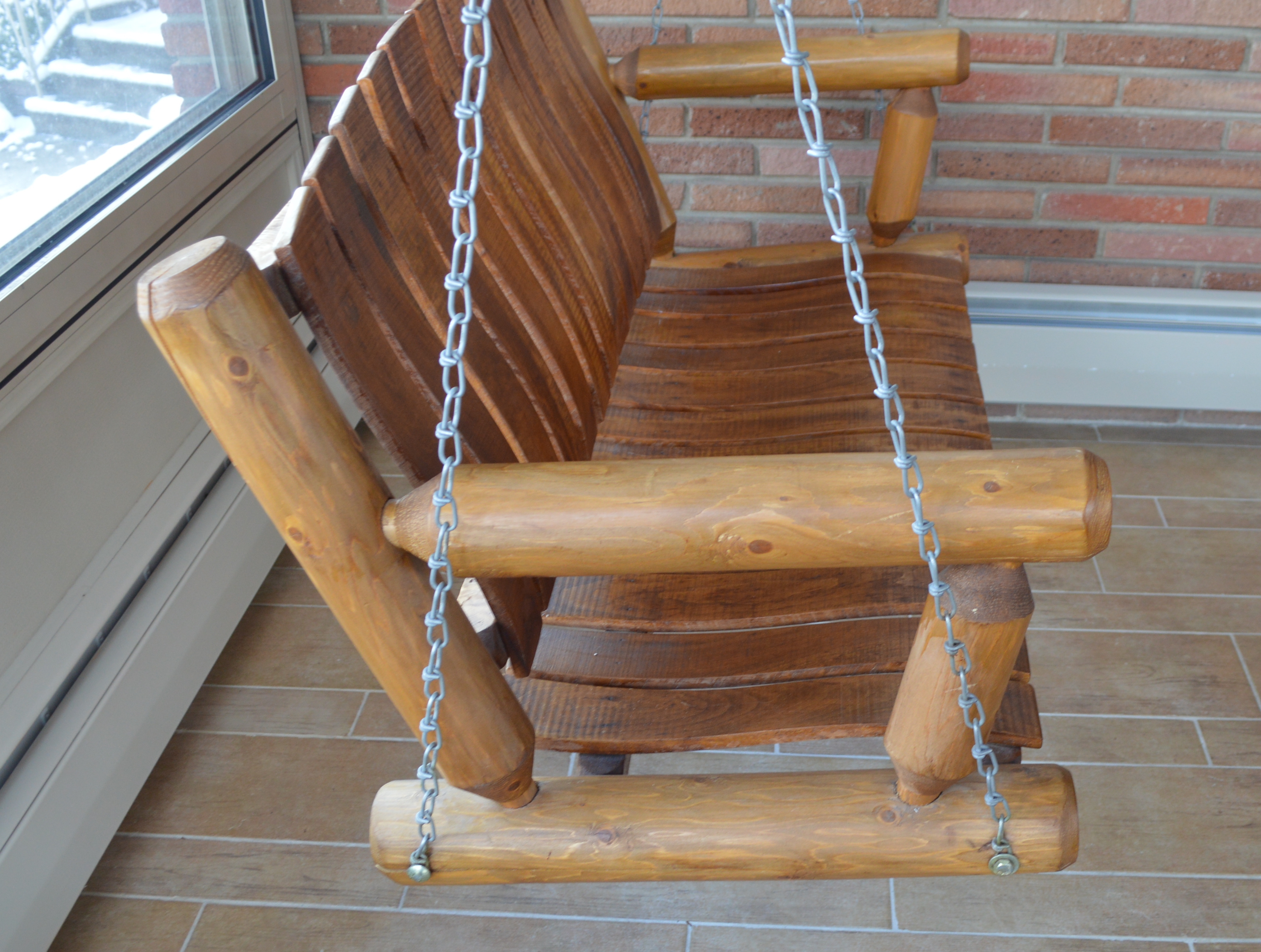 Rustic Pine Slat and Log Porch Swing, Contemporary