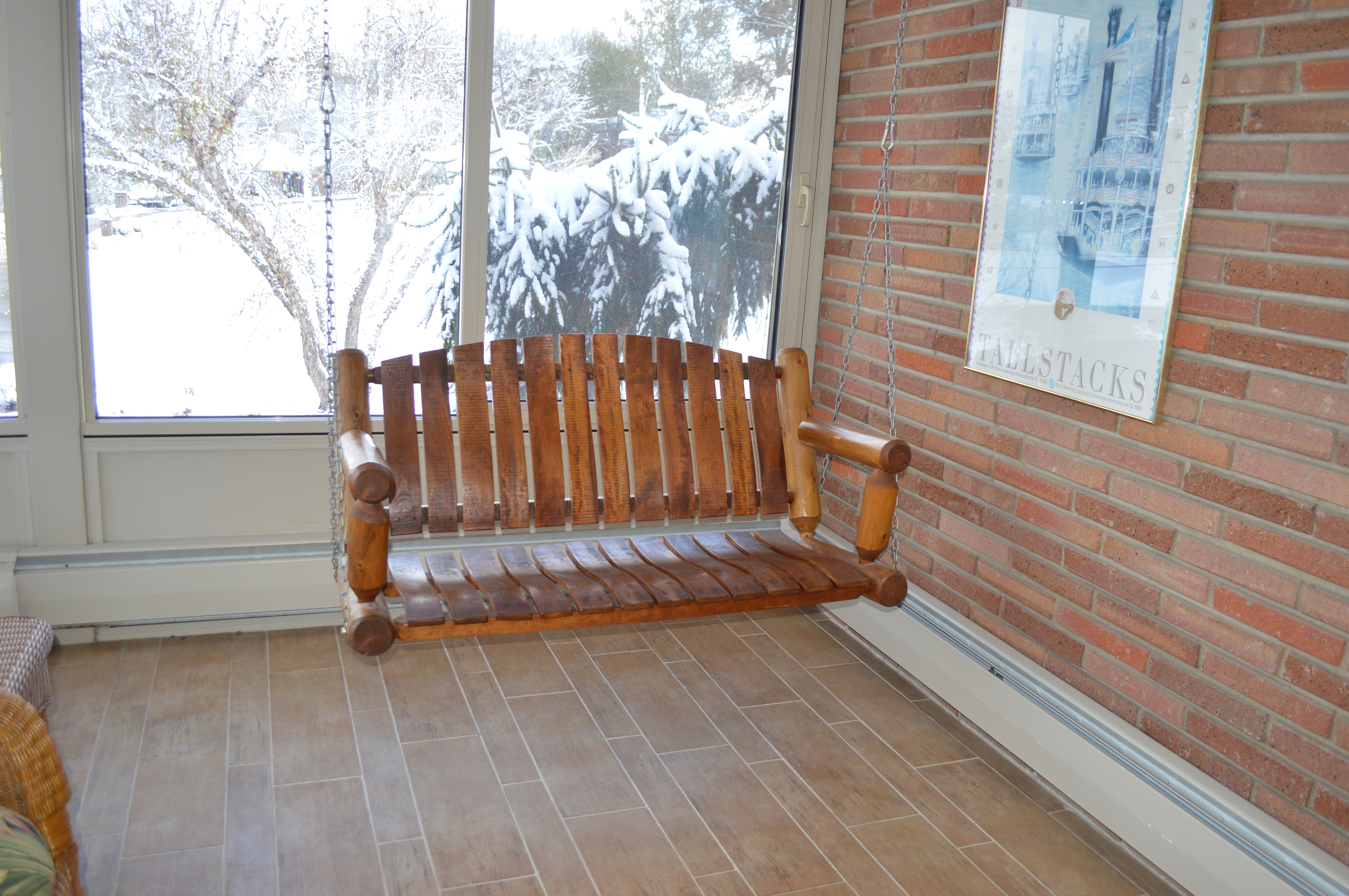 Rustic Pine Slat and Log Porch Swing, Contemporary