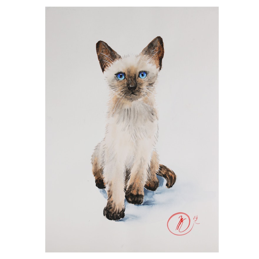 Natalia Kulikovska Watercolor Painting of a Siamese Cat