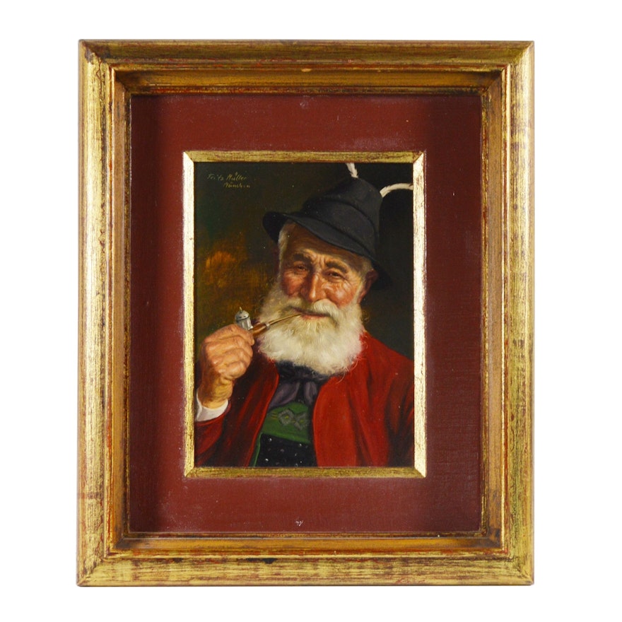 Fritz Muller Portrait Oil Painting of Pipe Smoking Gentleman