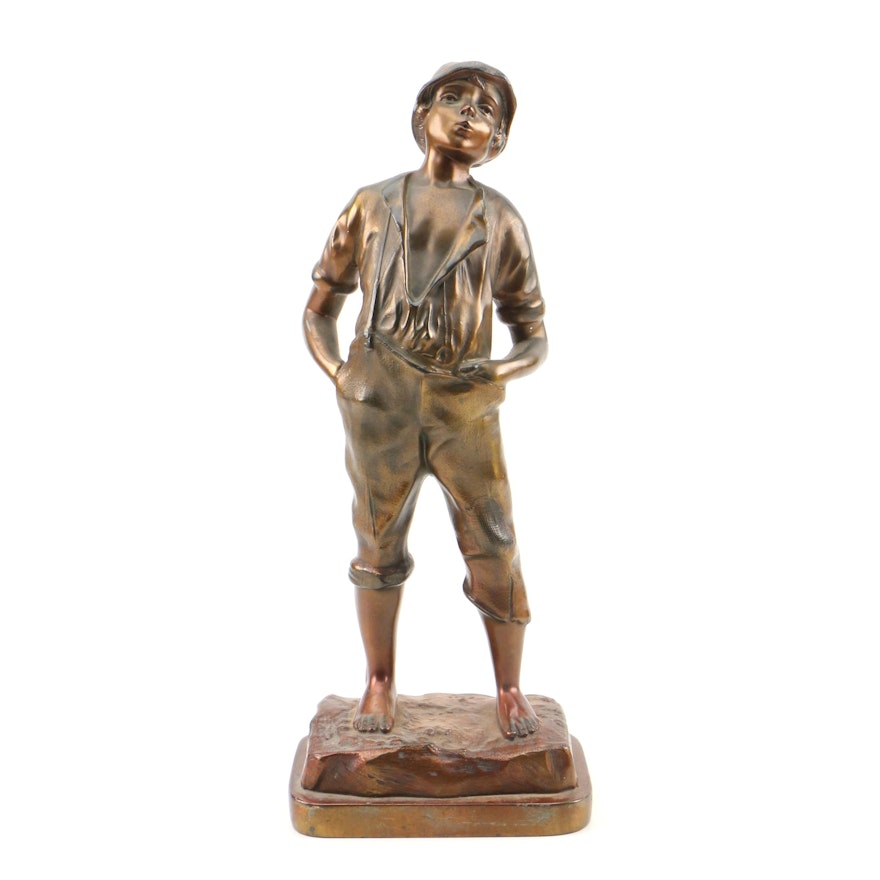 Bronze Finish Cast Metal Whistling Boy Sculpture