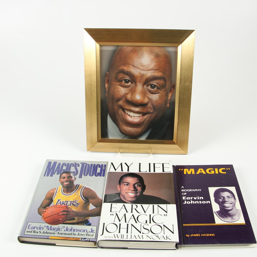 Magic Johnson Books including First Editions with Framed Photograph