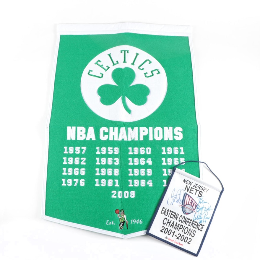 Boston Celtics Championship Banner with a Signed New Jersey Nets Banner