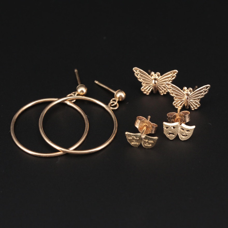 14K Yellow Gold Earrings Sets Featuring Butterfly and Theater Tragedy Comedy