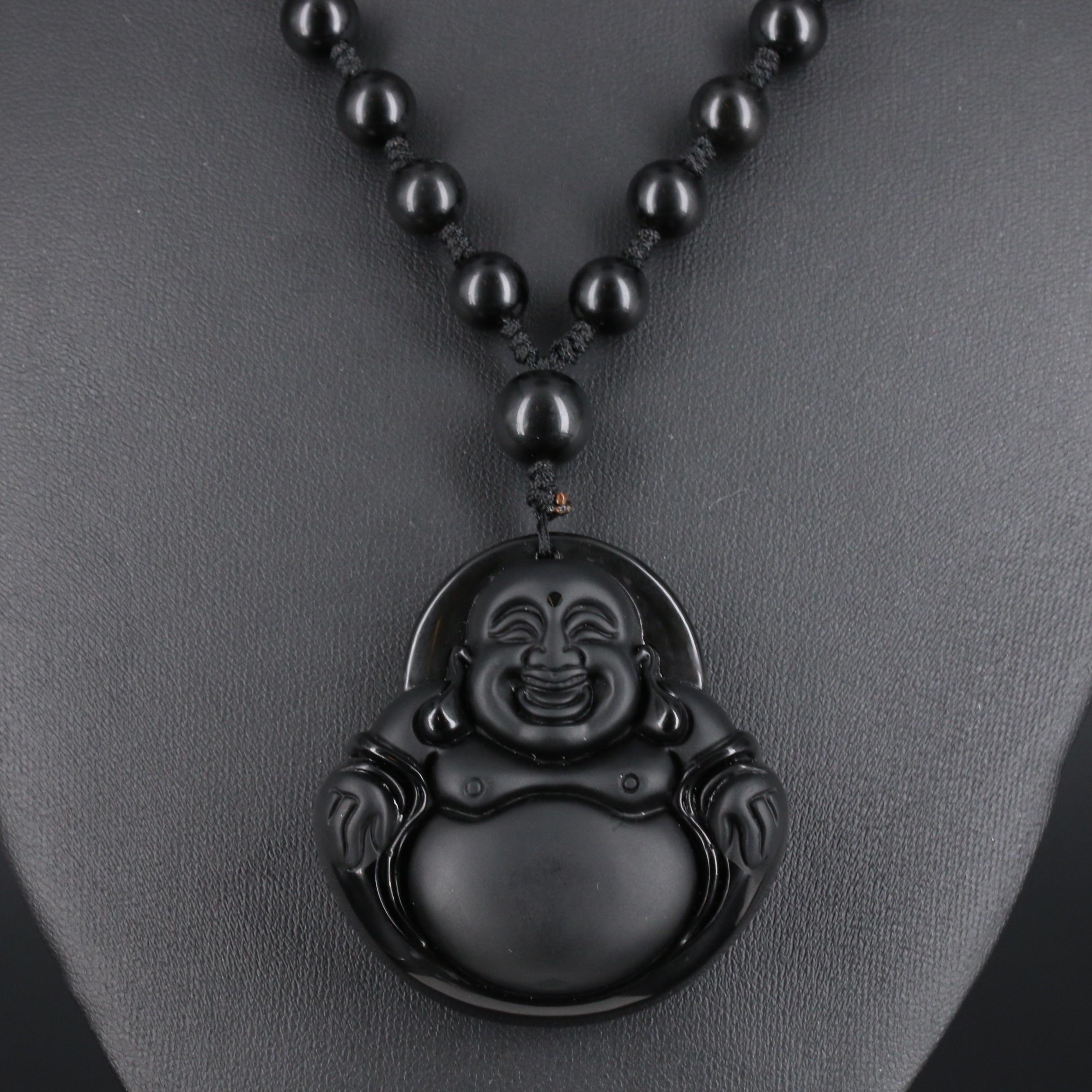 Carved Obsidian Budai Necklace with Individually Knotted Beads