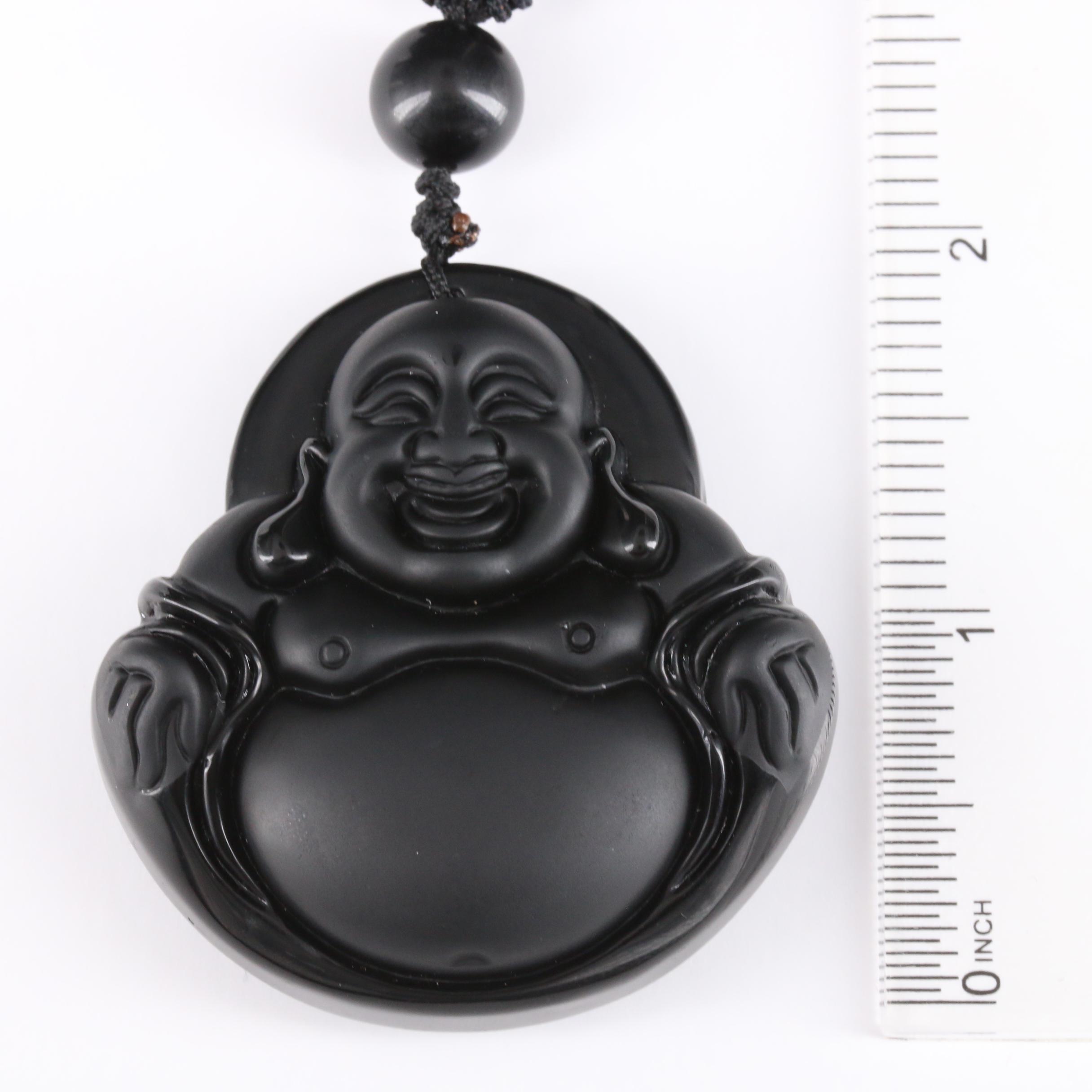 Carved Obsidian Budai Necklace with Individually Knotted Beads