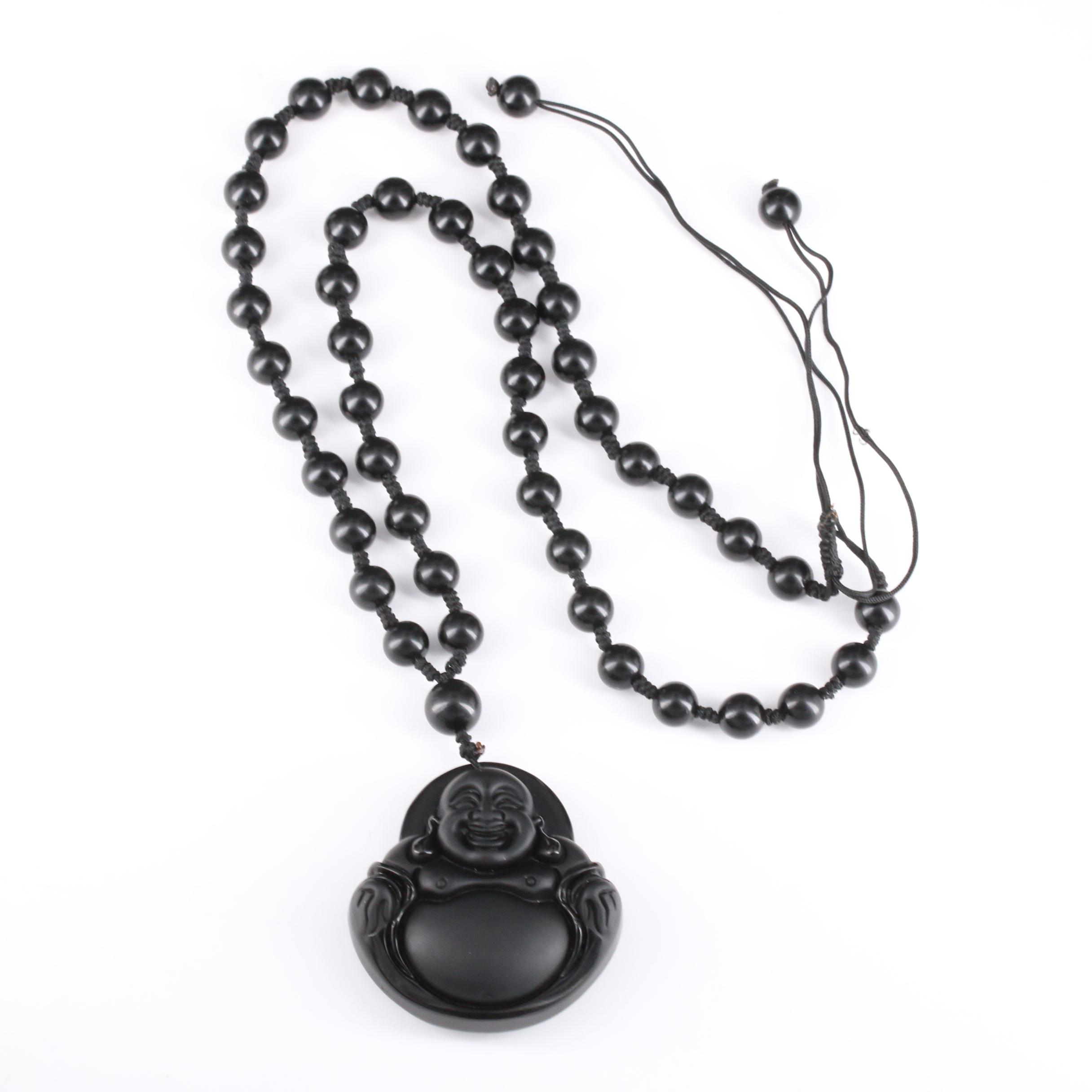 Carved Obsidian Budai Necklace with Individually Knotted Beads