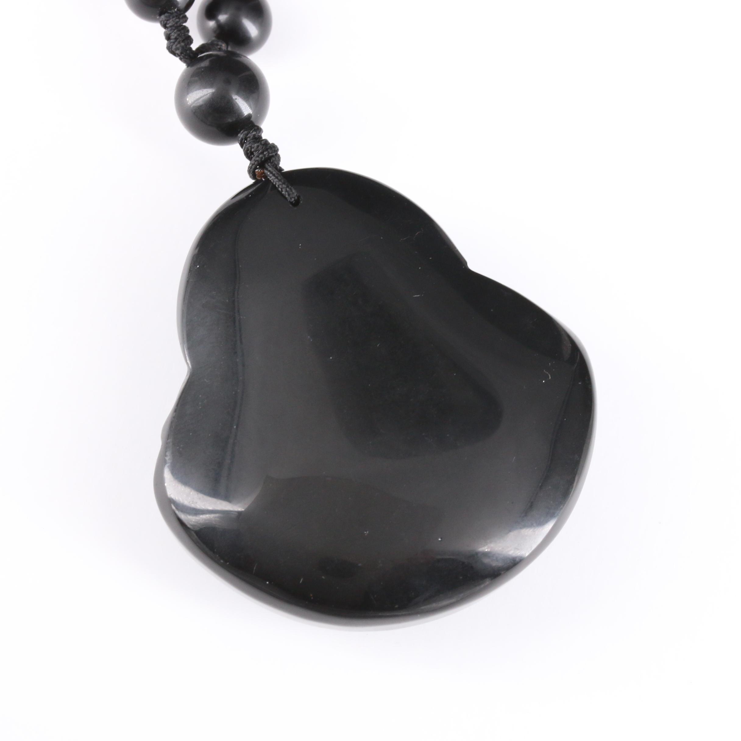 Carved Obsidian Budai Necklace with Individually Knotted Beads
