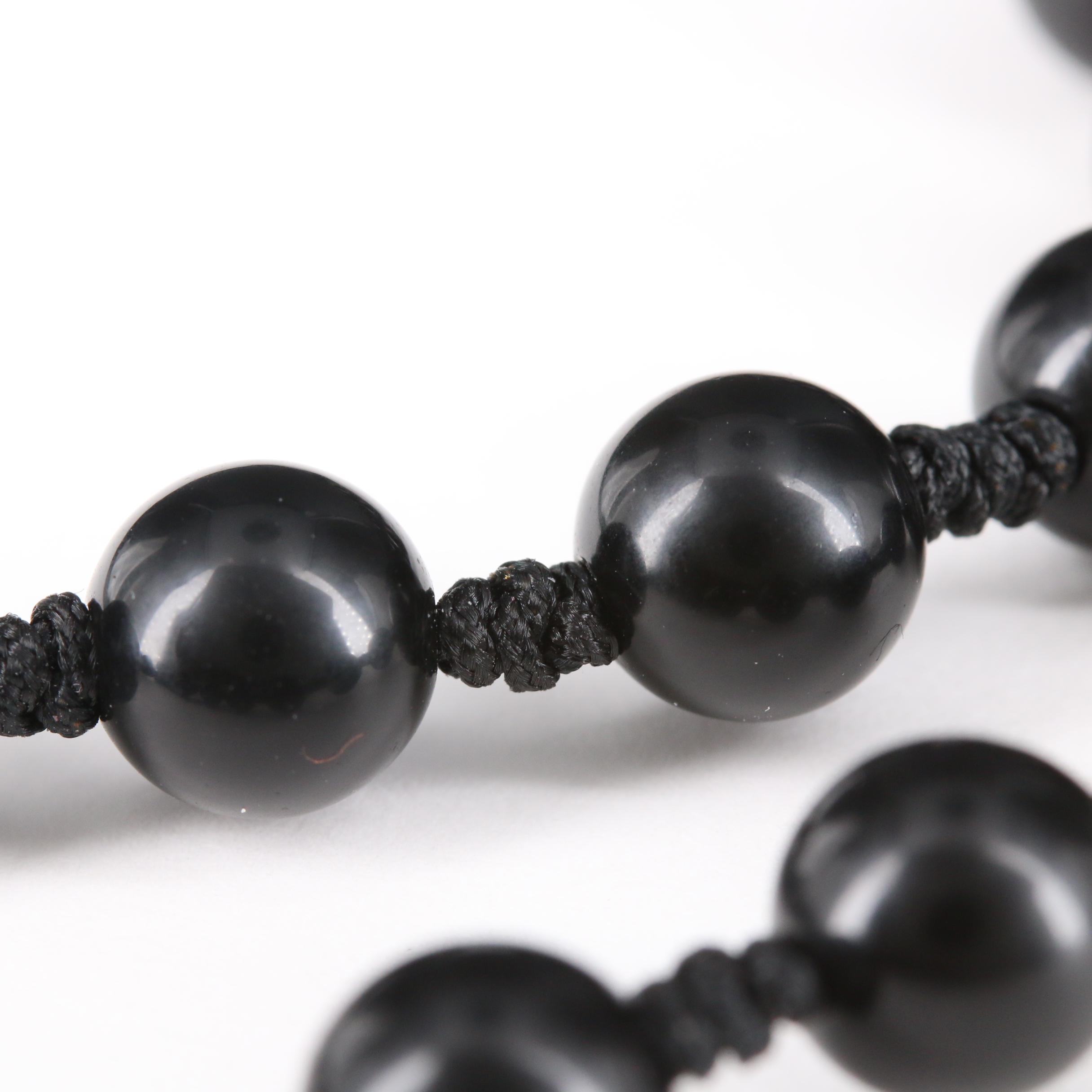Carved Obsidian Budai Necklace with Individually Knotted Beads