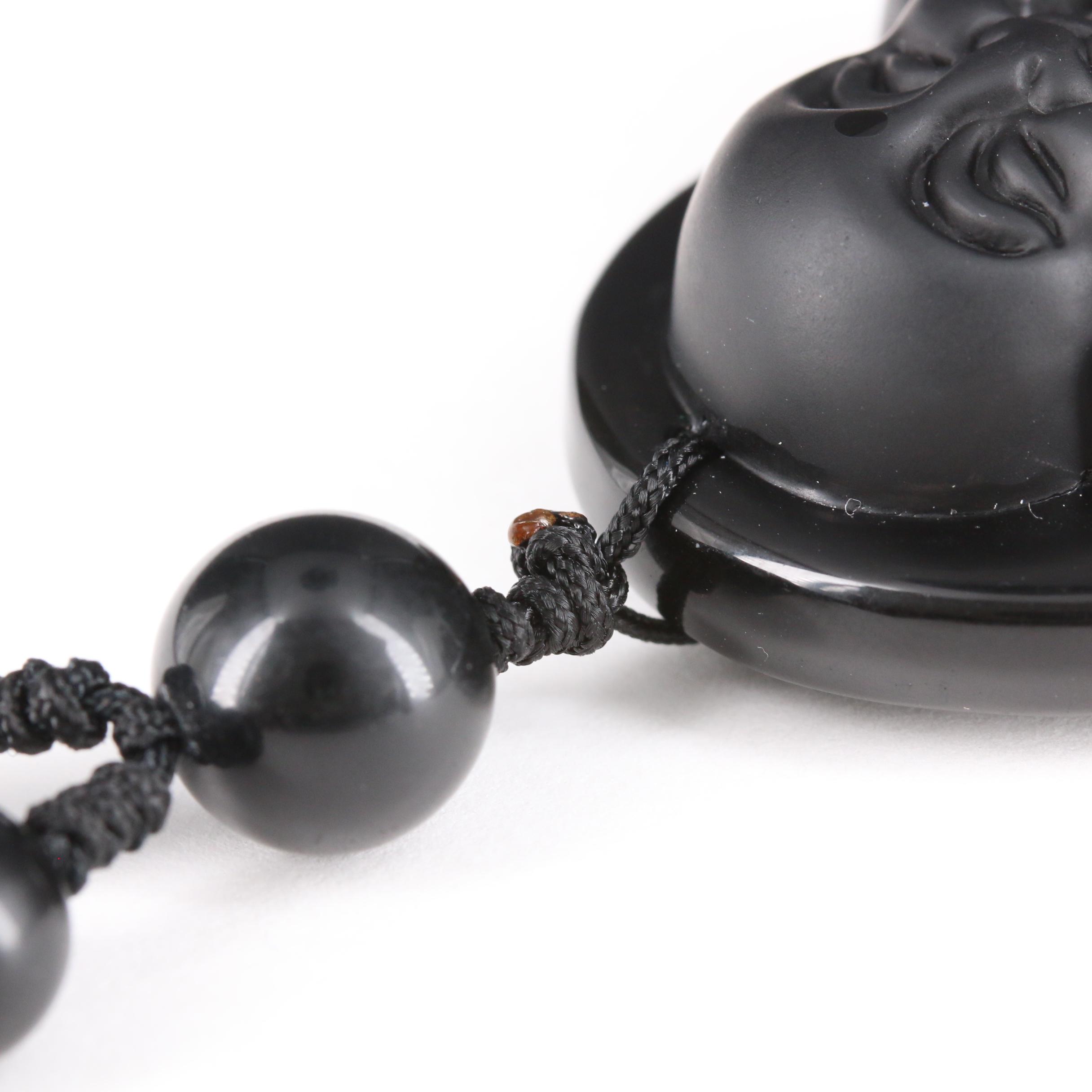 Carved Obsidian Budai Necklace with Individually Knotted Beads