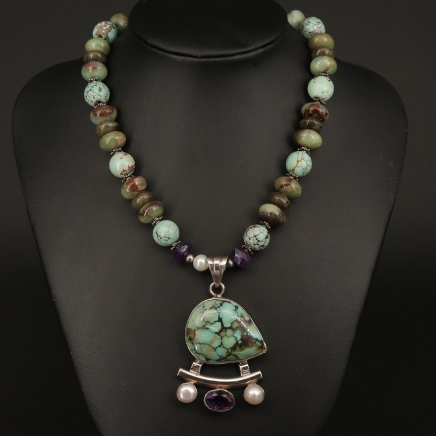 Sterling Silver Turquoise, Amethyst and Cultured Pearl Necklace