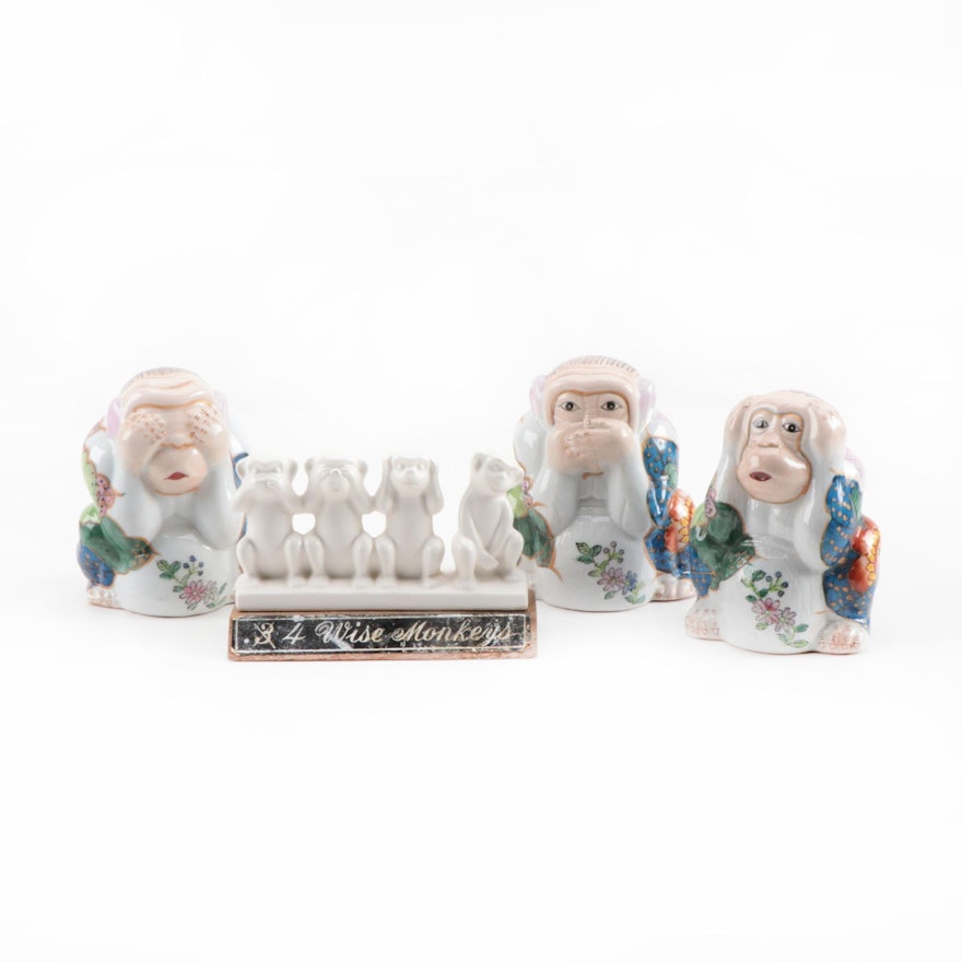 Chinese Porcelain Three Wise Monkeys Figurines and Four Wise Monkeys Figurine