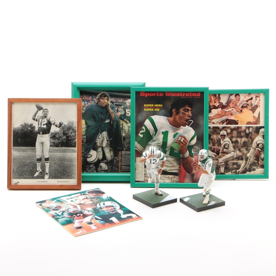 Joe Namath Framed Pictures with Two Action Figures