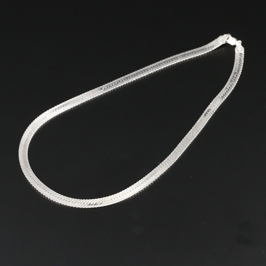 Sterling Silver Patterned Herringbone Chain Necklace