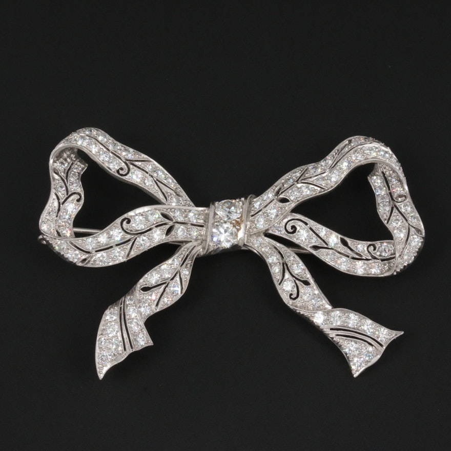 Circa 1910 Platinum 3.90 CTW Diamond Bow Brooch