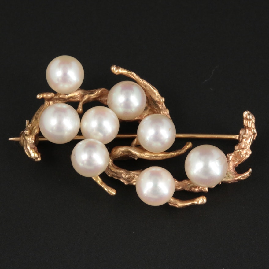14K Yellow Gold Cultured Pearl Brooch