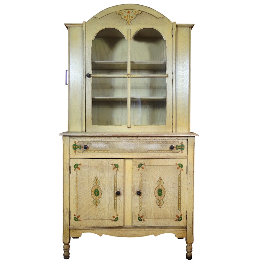 Jacobean Style Oak China Cabinet with Art Deco Stenciled Details, 1920s-1930s