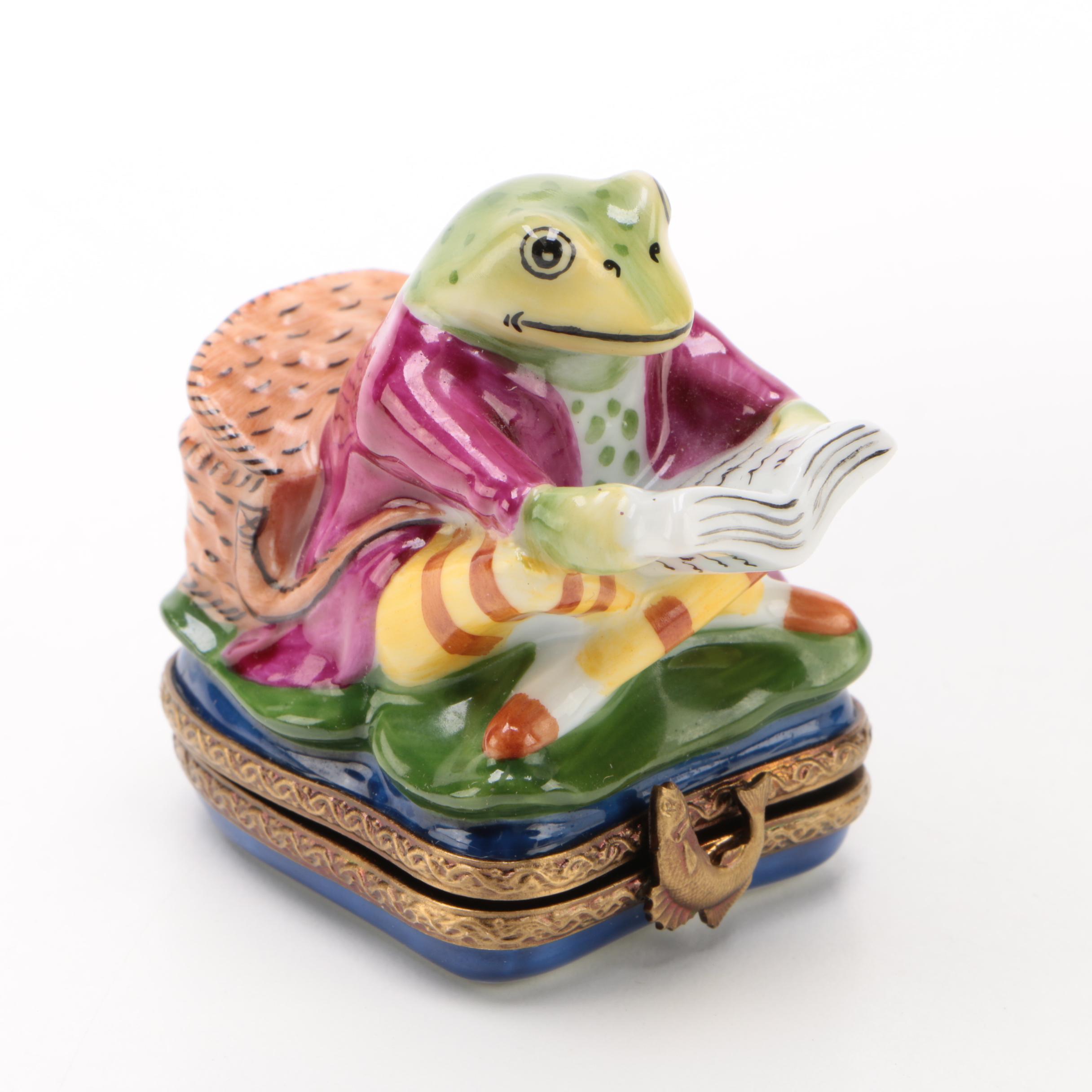 Parry Vieille Limoges "Reading Frog" Hand Painted Porcelain Trinket Box