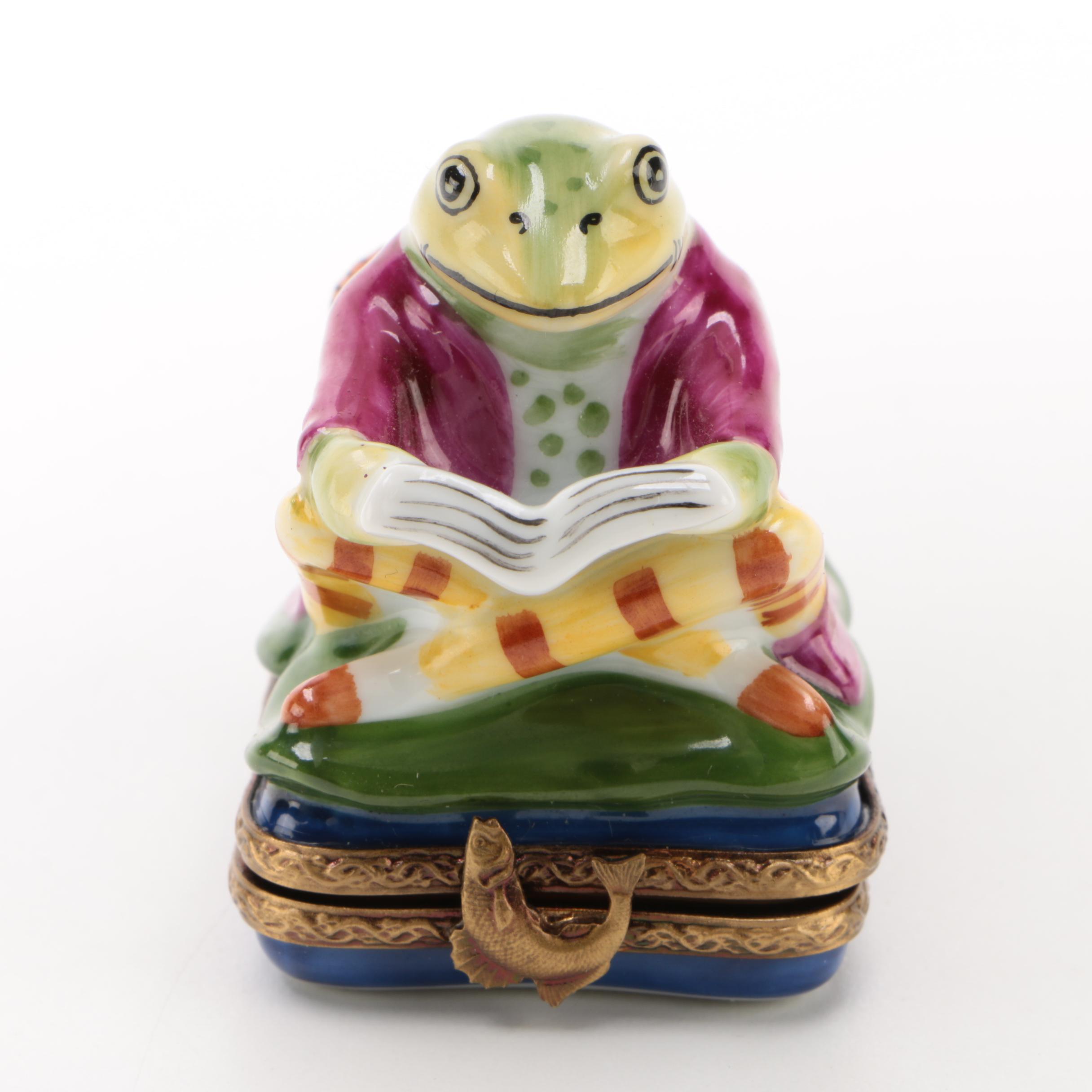 Parry Vieille Limoges "Reading Frog" Hand Painted Porcelain Trinket Box