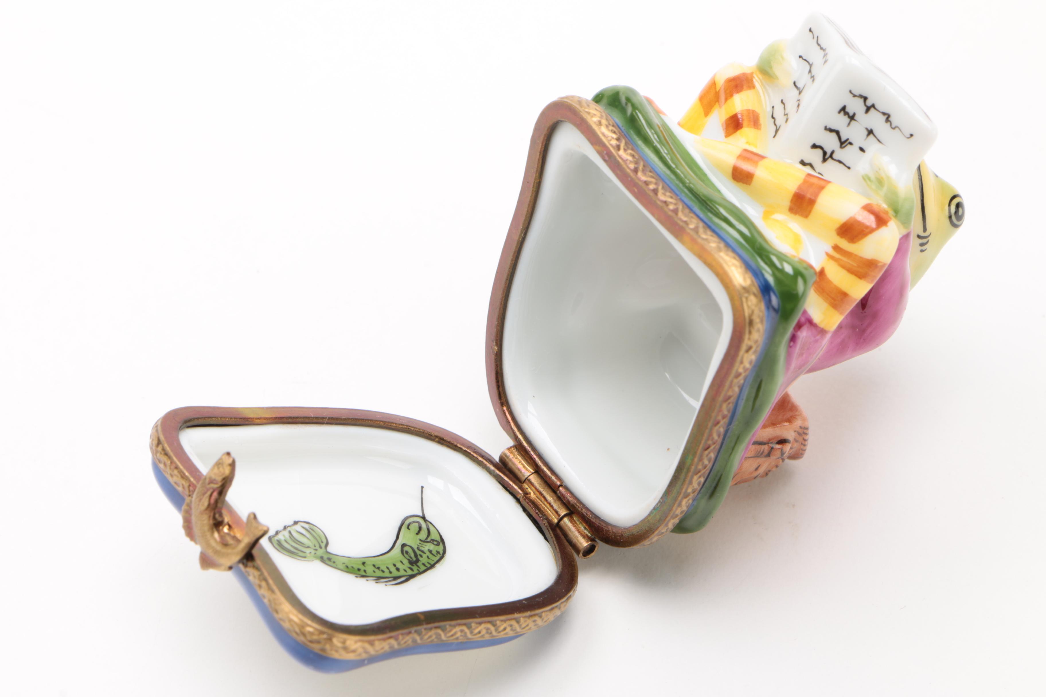 Parry Vieille Limoges "Reading Frog" Hand Painted Porcelain Trinket Box
