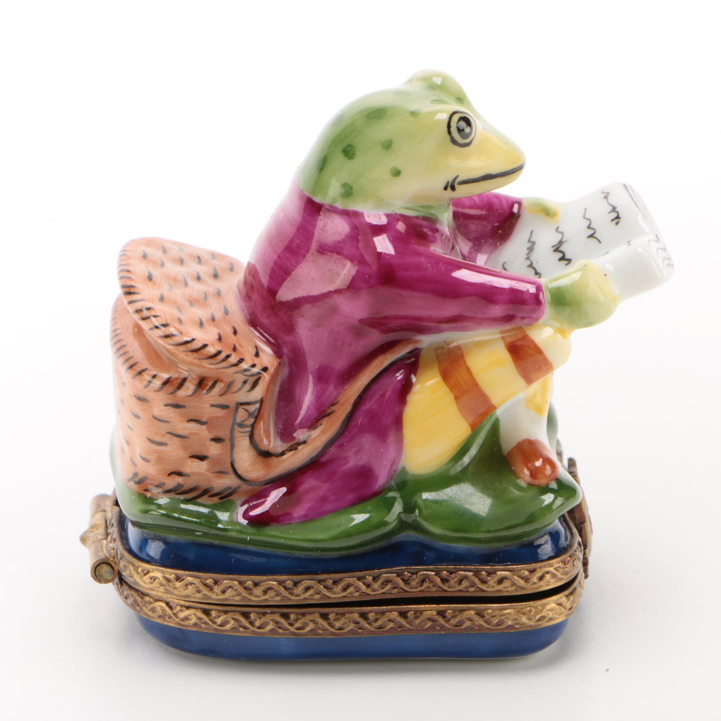 Parry Vieille Limoges "Reading Frog" Hand Painted Porcelain Trinket Box