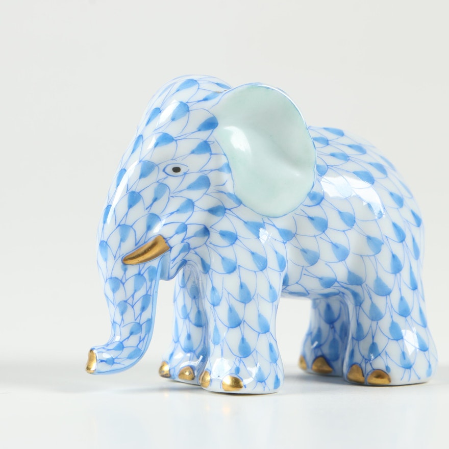 Herend Blue Fishnet with Gold "Miniature Elephant" Figurine