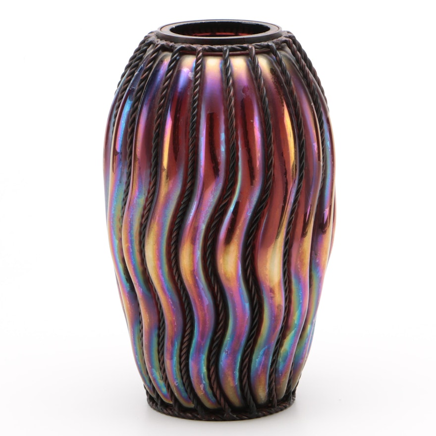 Metal Encased Iridescent Glass Vase