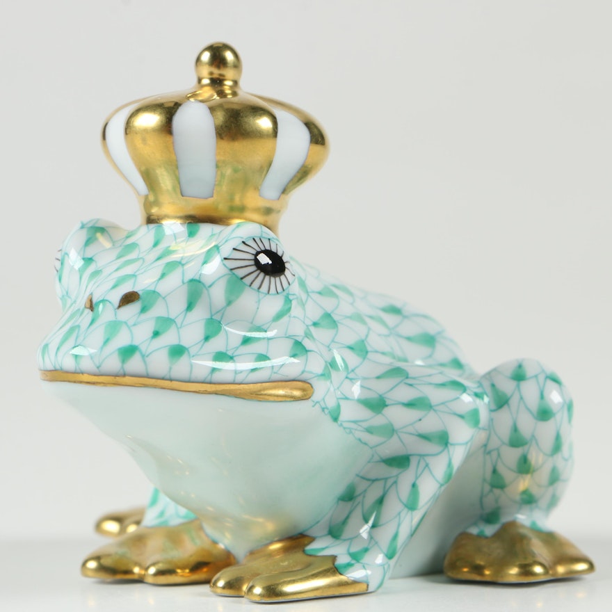 Herend Green Fishnet with Gold "Frog Prince" Porcelain Figurine