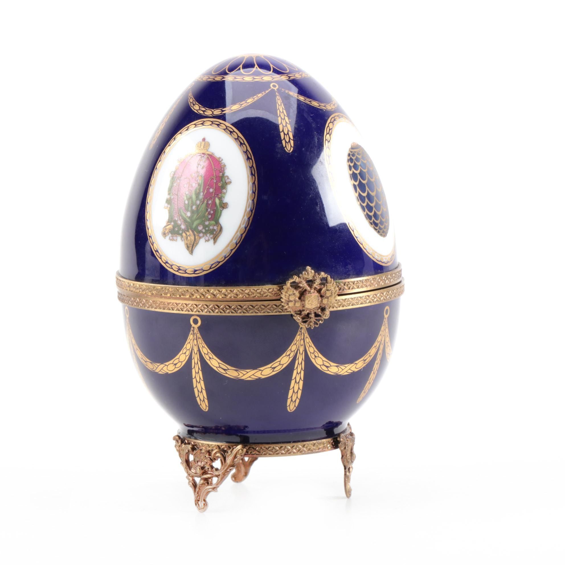 Faberge Limoges Egg Music Box with Gilt Sterling Silver Interior and Swan