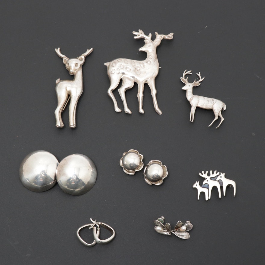 Sterling Silver Earrings and Brooches Featuring Silpada Moose Brooch