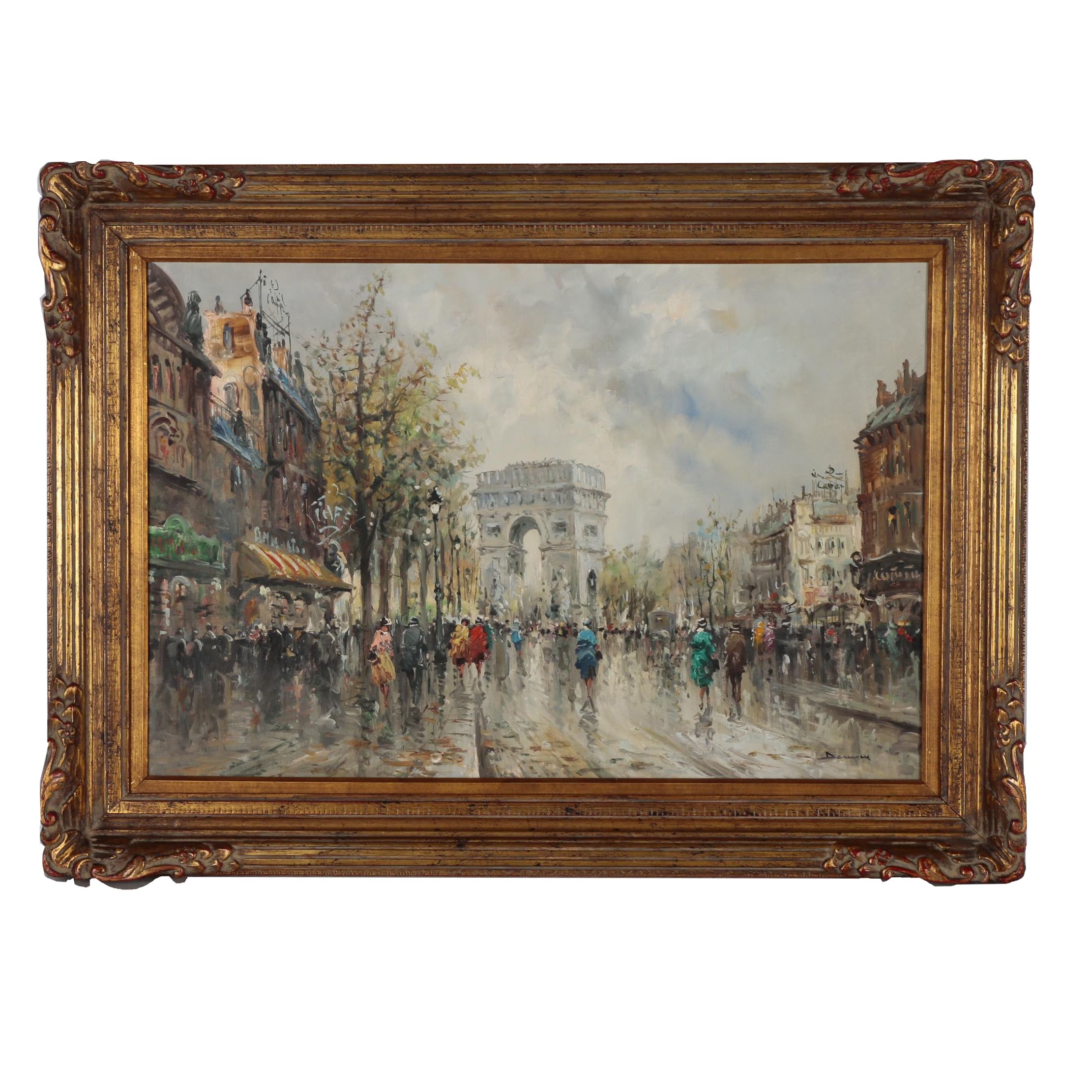 Pietro Demone Oil Painting of Parisian Street Scene with Arch de Triomphe