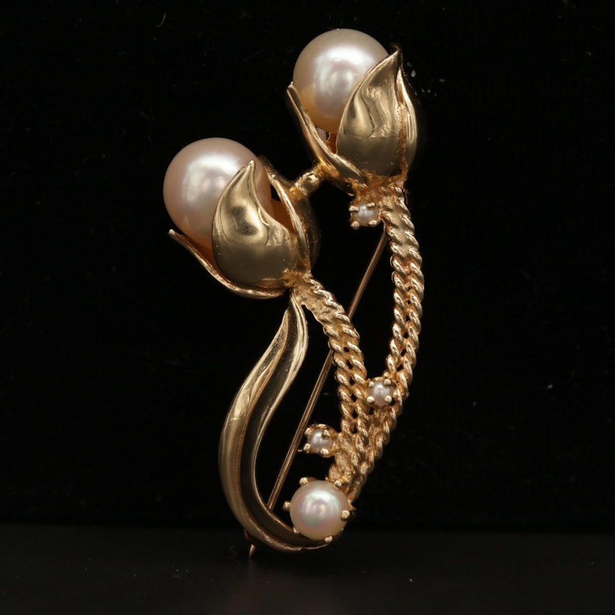 14K Yellow Gold Pearl Floral Brooch