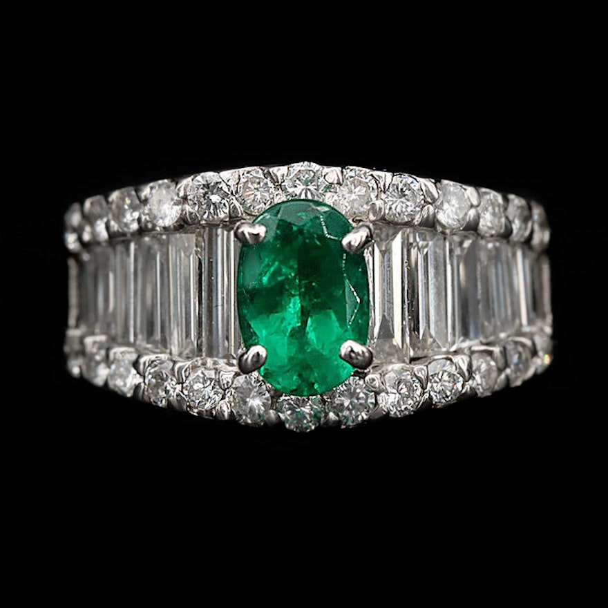 Platinum 1.05 CT Emerald and 2.67 CTW Diamond Ring