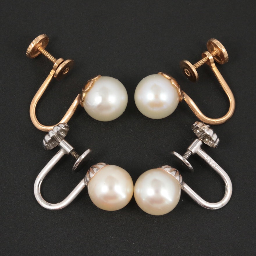 14K White and Yellow Gold Cultured Pearl Earrings