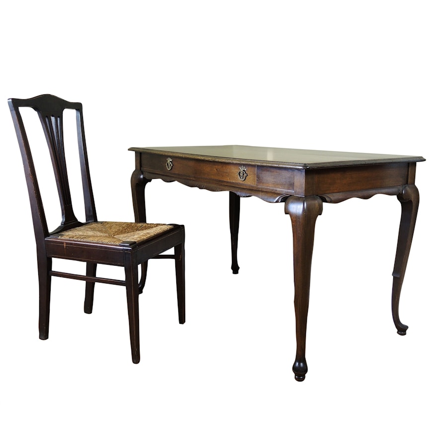 Queen Anne Style Writing Table and Chair with Rush Seat, Early to Mid 20th C.