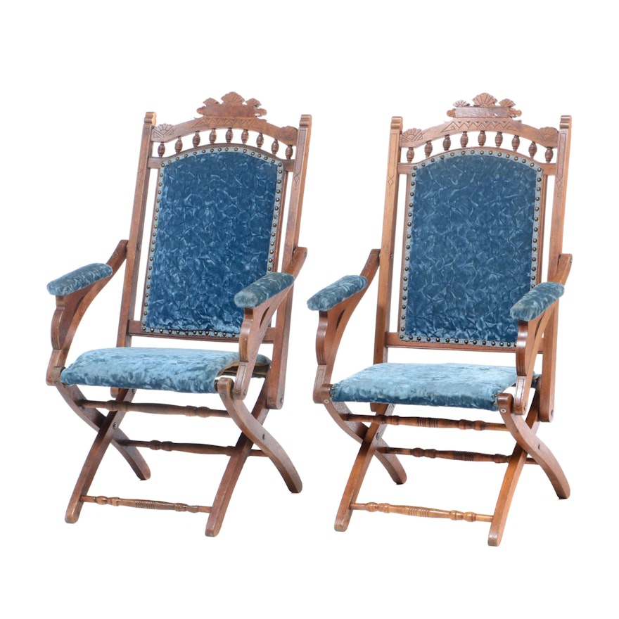 Victorian Eastlake Walnut Upholstered Folding Chairs, Late 19th Century