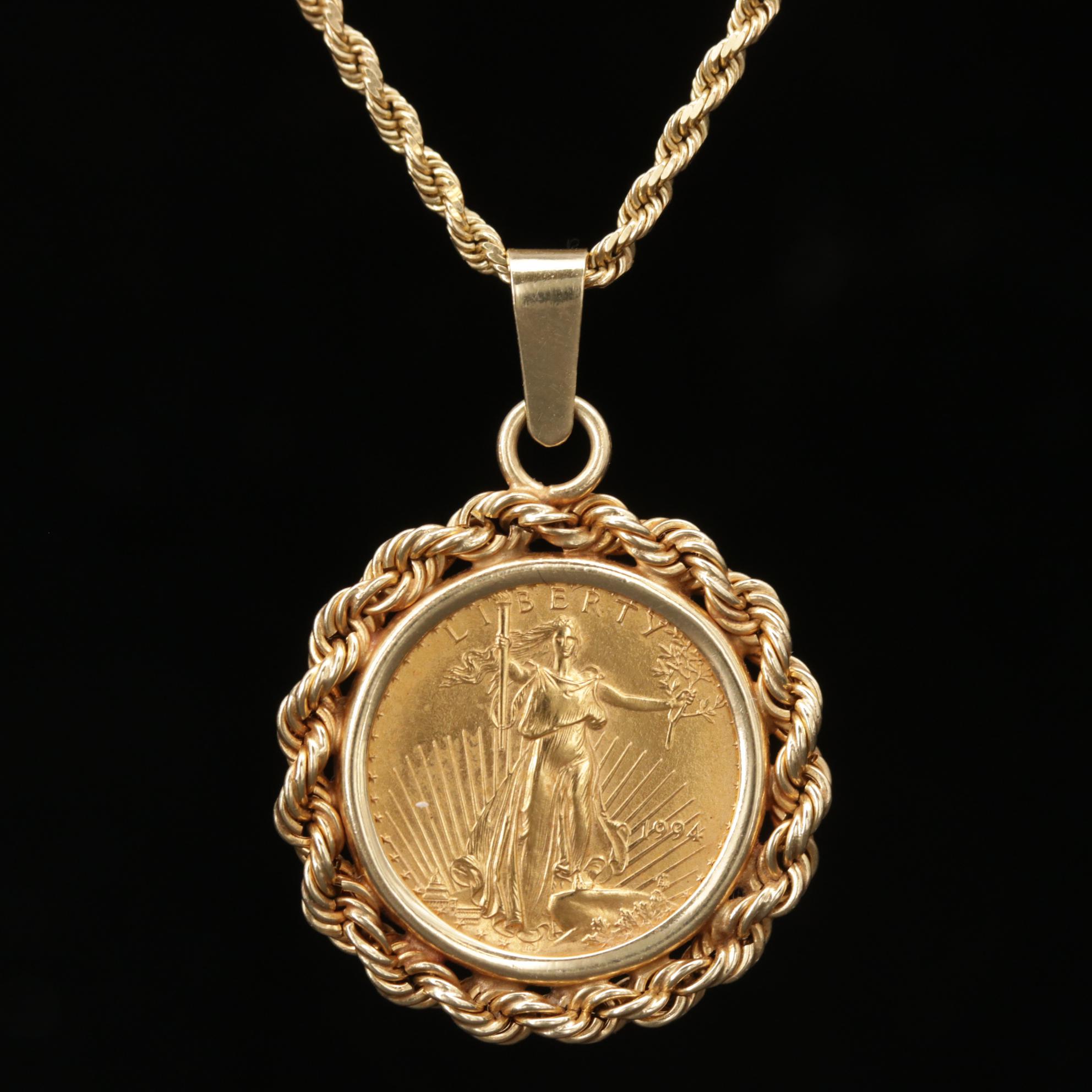 14K Gold Bezel and Rope Chain Necklace With 1994 $5 Gold Eagle Bullion Coin