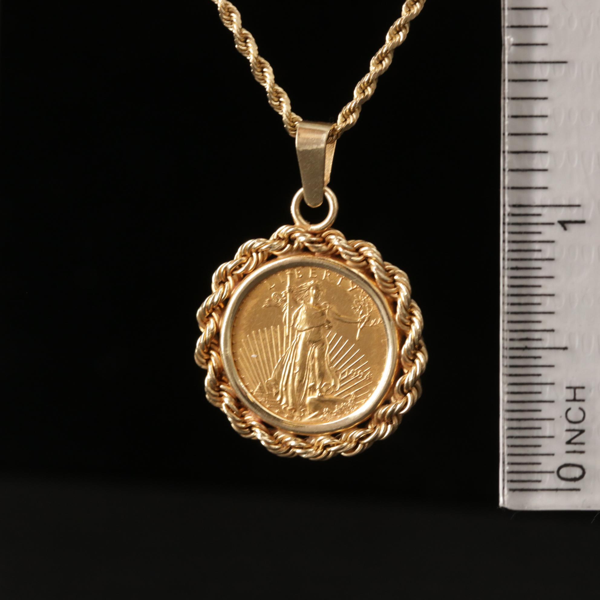 14K Gold Bezel and Rope Chain Necklace With 1994 $5 Gold Eagle Bullion Coin