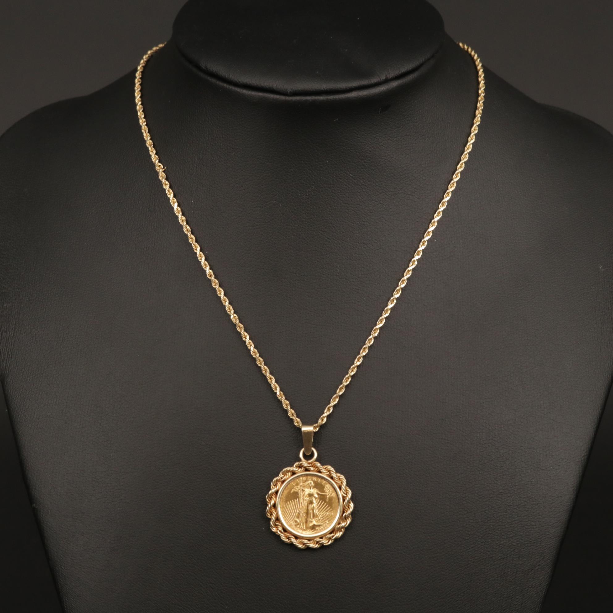 14K Gold Bezel and Rope Chain Necklace With 1994 $5 Gold Eagle Bullion Coin