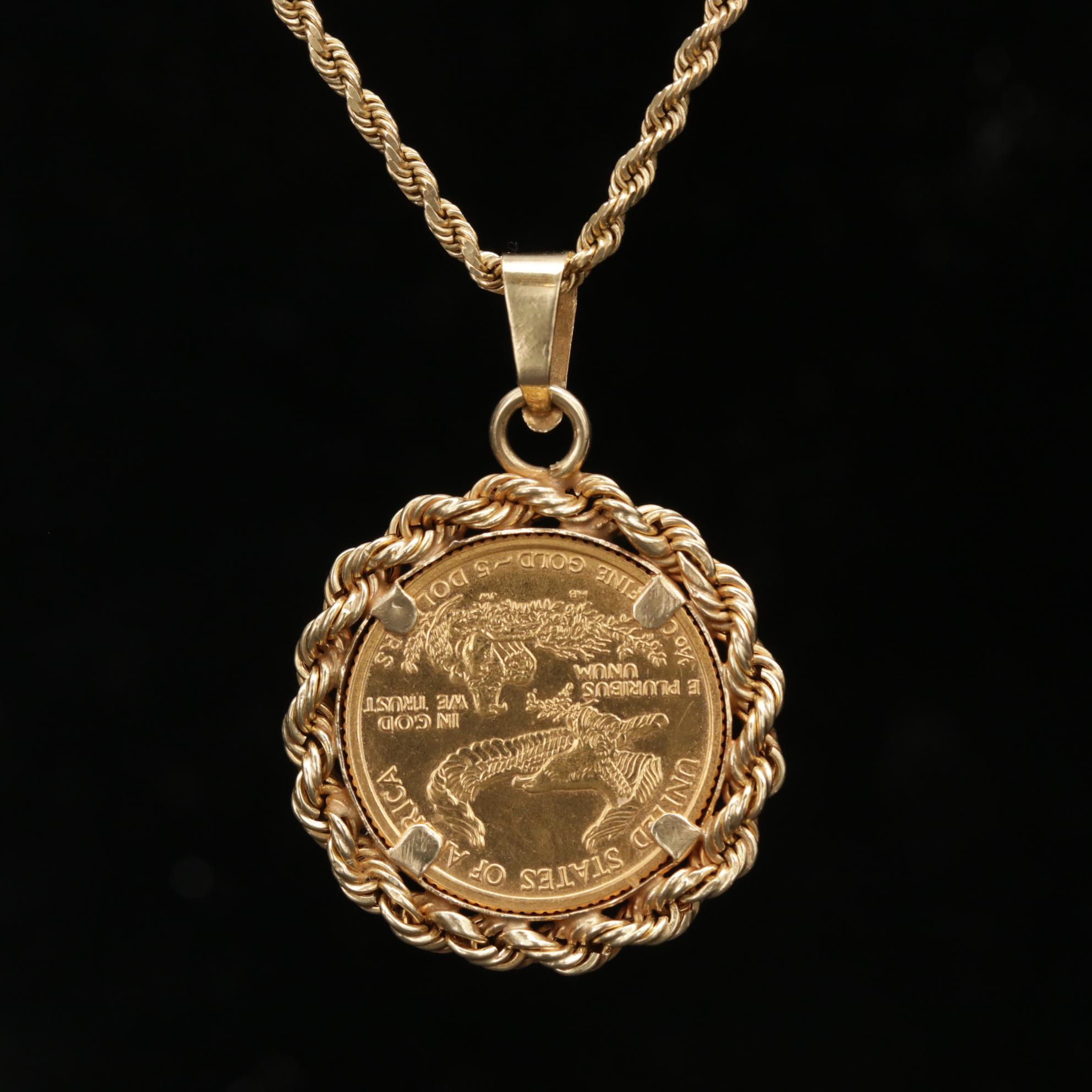 14K Gold Bezel and Rope Chain Necklace With 1994 $5 Gold Eagle Bullion Coin