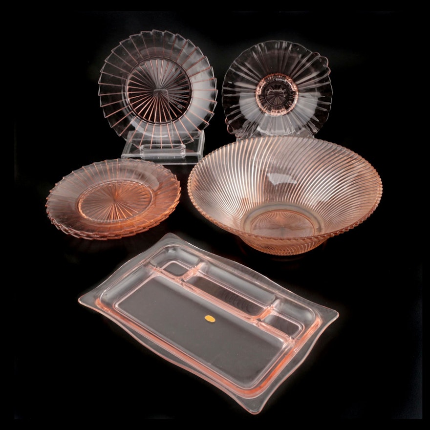 Cambridge Pink Glass Vanity Tray with Other Depression Glass Serveware