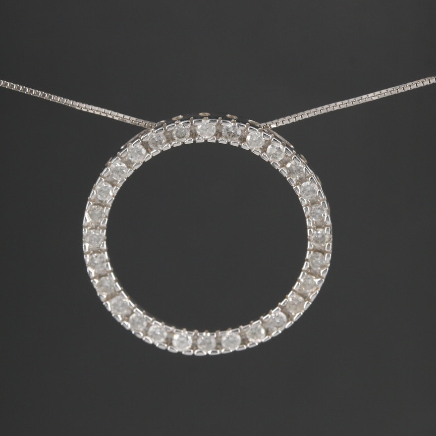 14K White Gold Diamond Circle Pendant Necklace