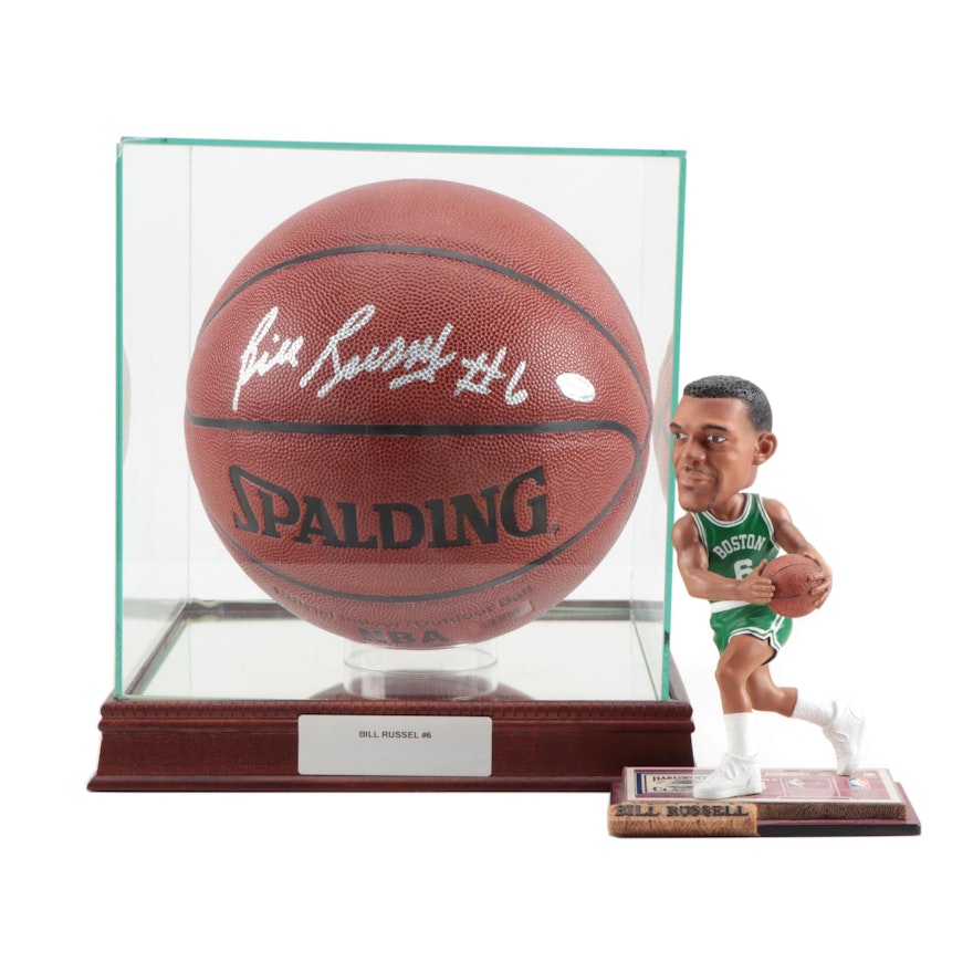Bill Russell Signed Spalding NBA Basketball in Case with Bobblehead Doll, COA